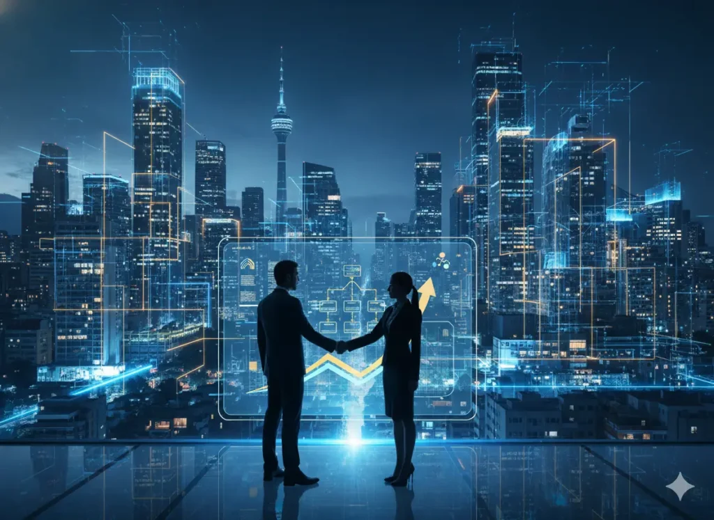 Líderes empresariales de Bogotá (directivos y gerentes) colaborando en una interfaz digital que simboliza la agencia de transformacion digital bogota para la adaptación al nuevo consumidor.