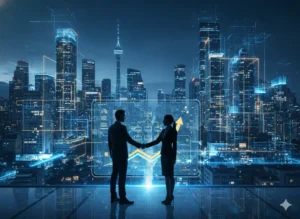 Líderes empresariales de Bogotá (directivos y gerentes) colaborando en una interfaz digital que simboliza la agencia de transformacion digital bogota para la adaptación al nuevo consumidor.